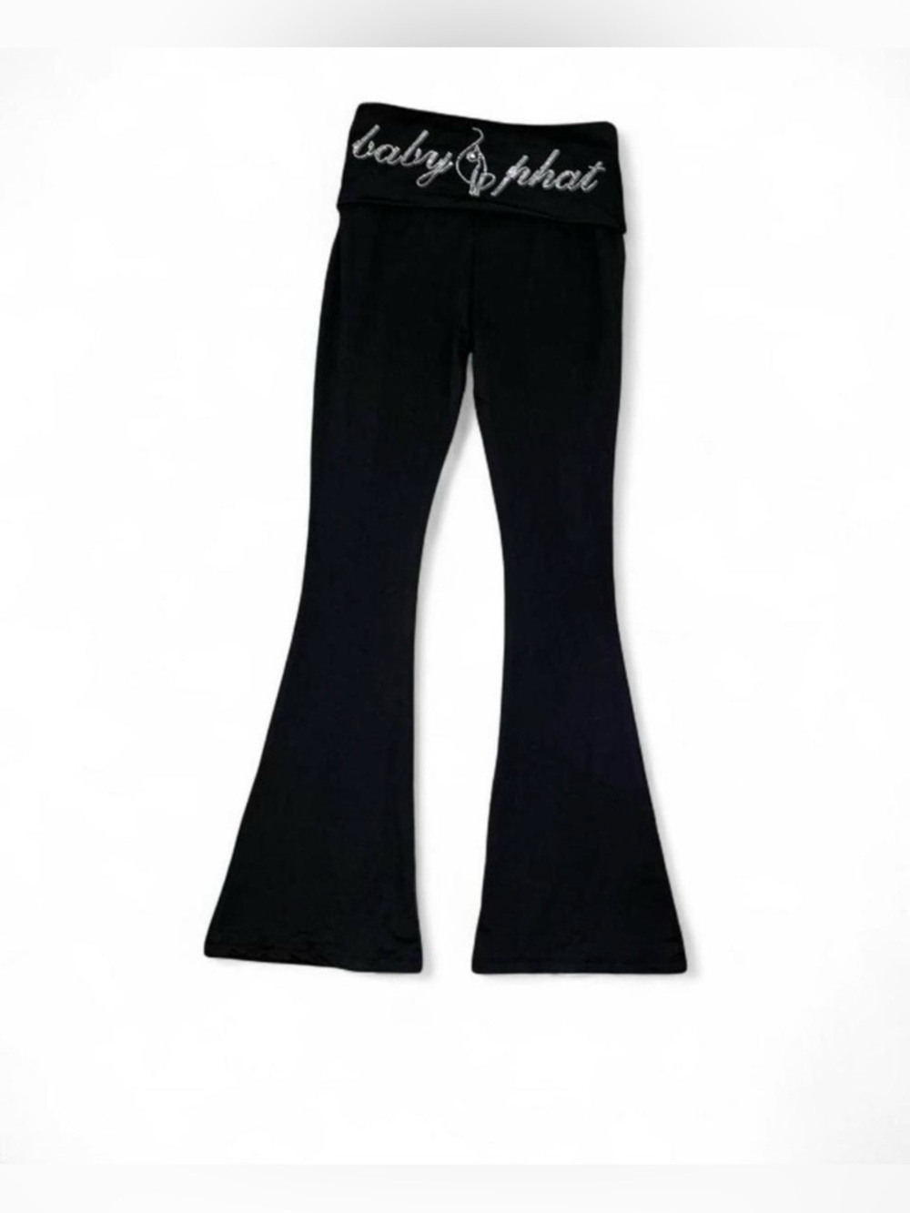 Baby Phat black fold over flare pants silver rhinestone logo on back Large NWT